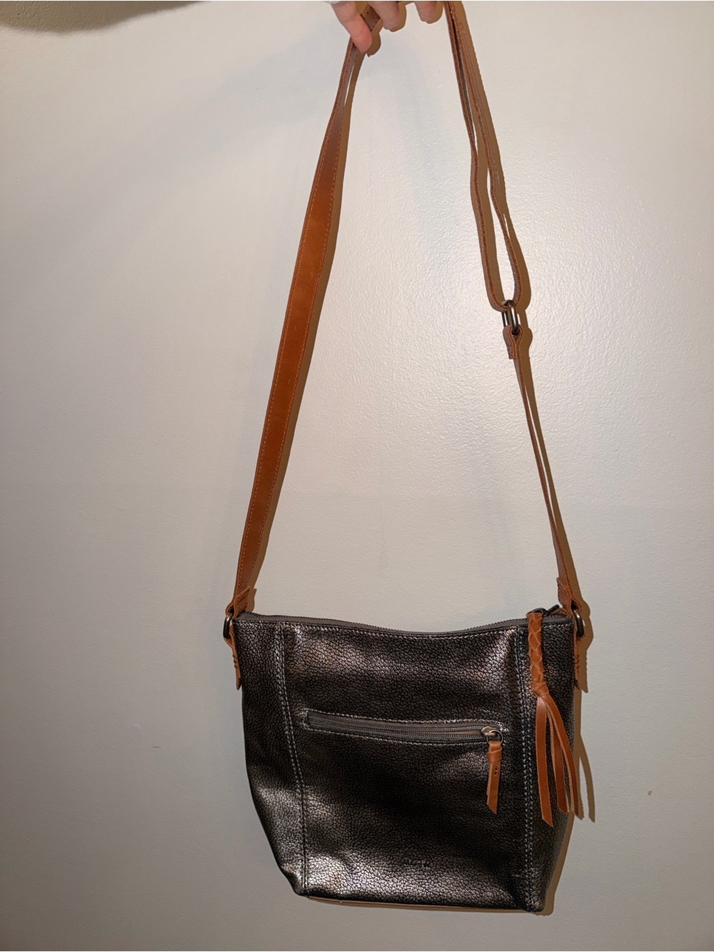 The Sak Metallic Black Crossbody with Brown Strap